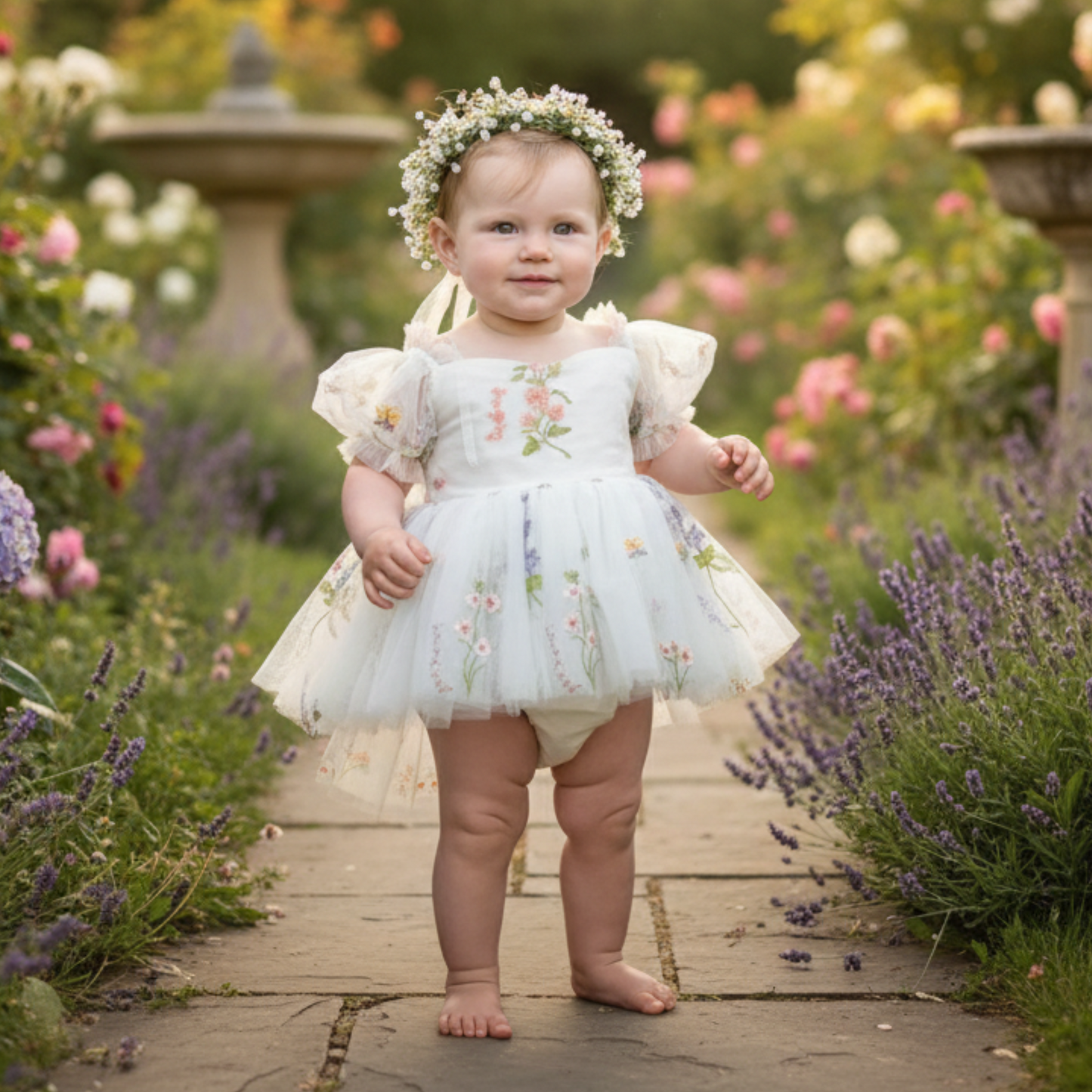 Fairy First birthday baby girls romper dress in ivory floral with wings. 
