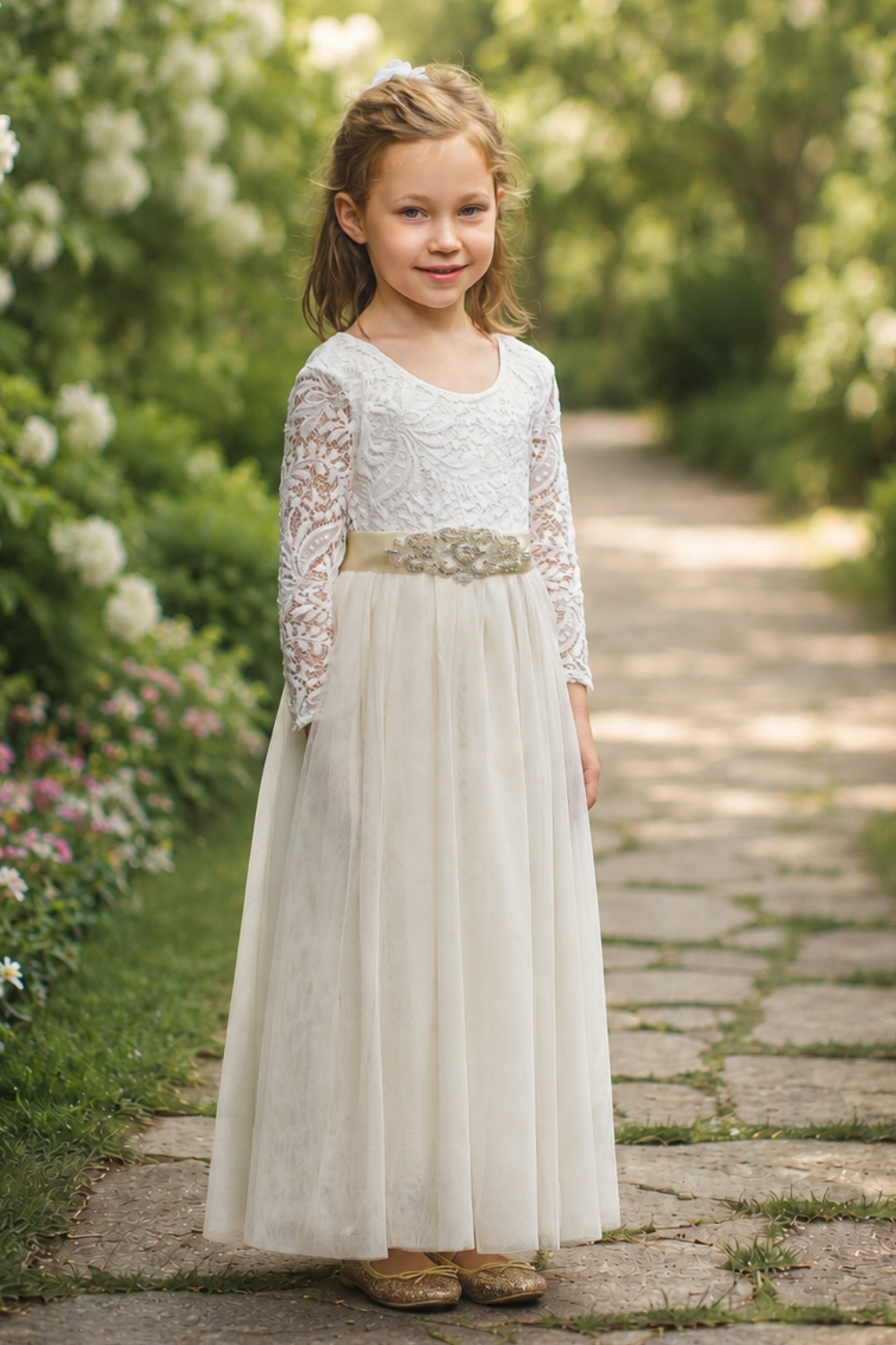 Flower Girl Dress in ivory with long lace sleeves, V-shaped lace back, tulle skirt and ivory sash