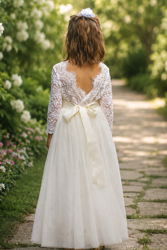 Flower Girl Dress in ivory tulle with white long lace sleeves, V-shaped lace back, tulle skirt and ivory sash