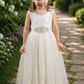 Flower girl dress in ivory tulle and white lace sleeveless full length style. 