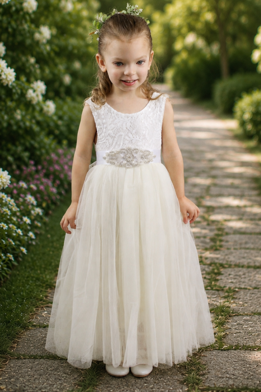 Flower girl dress in ivory tulle and white lace sleeveless full length style. 
