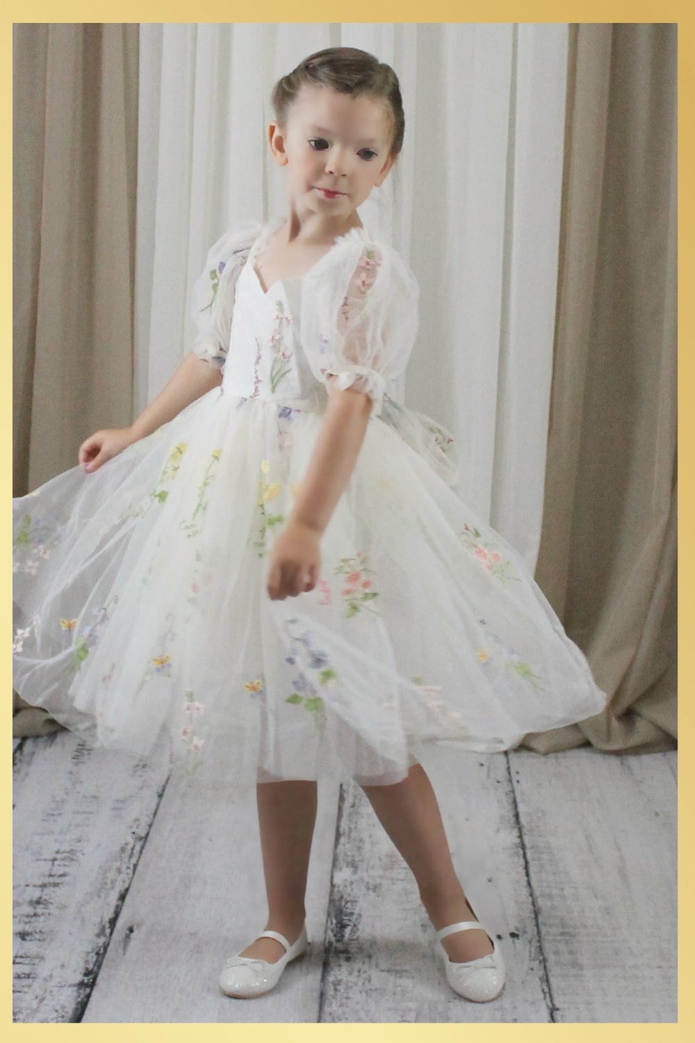 embroidery flower girl dress in knee length tulle