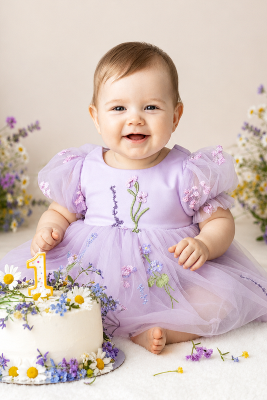 Wildflower first birthday baby girl dress in lavender embroidered flowers. 