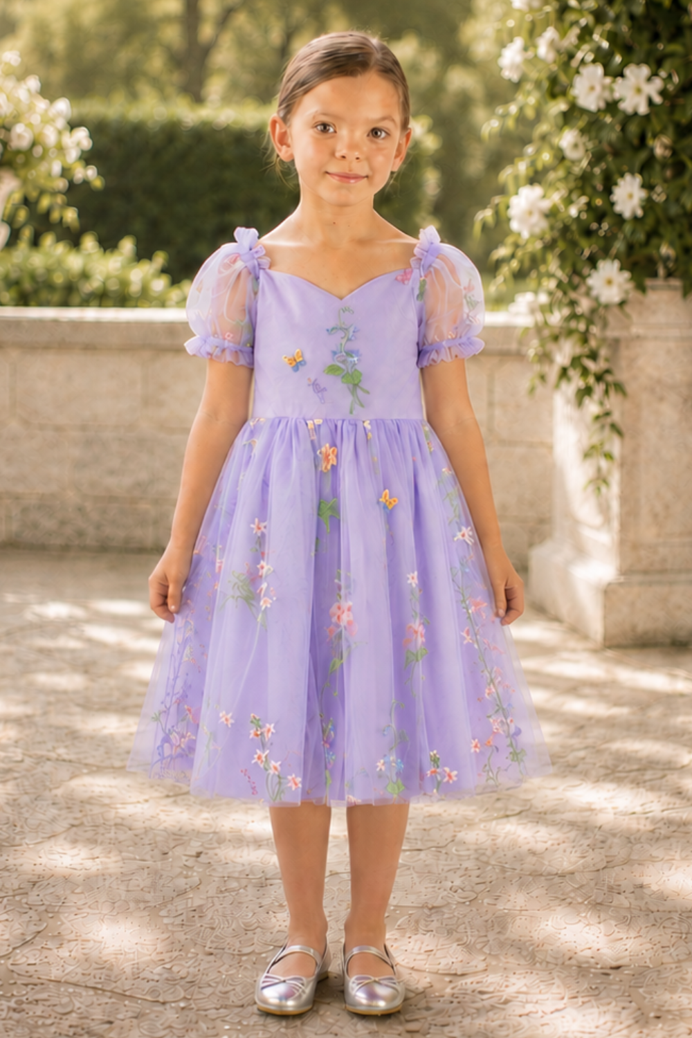 Flower girl dress in embroidered lavender floral tulle. Short puffy sleeves with big bow tie in back.  