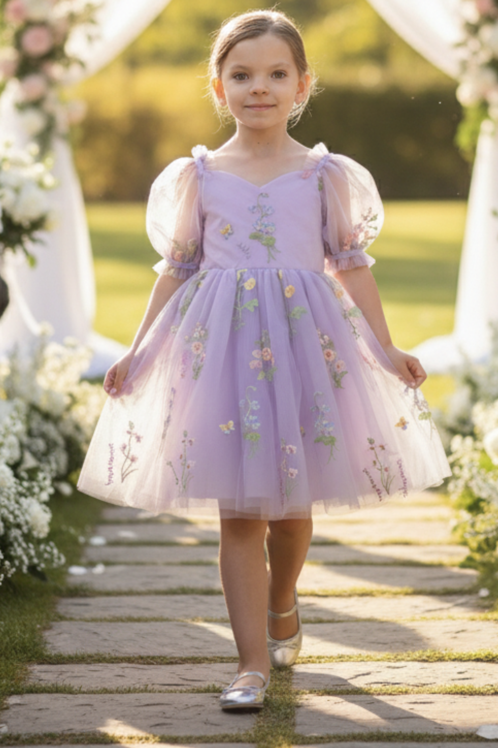 Floral flower girl dress in lavender tulle with puffy sleeves and big bow. 