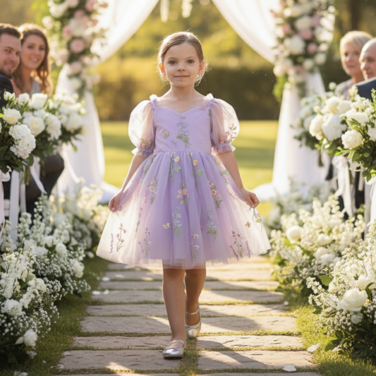 flower girl dress in lavender floral embroidery with big puffy sleeves and big sash bow in back. 