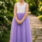 flower girl dress in lavender tulle with white lace sleeveless dress full length. 