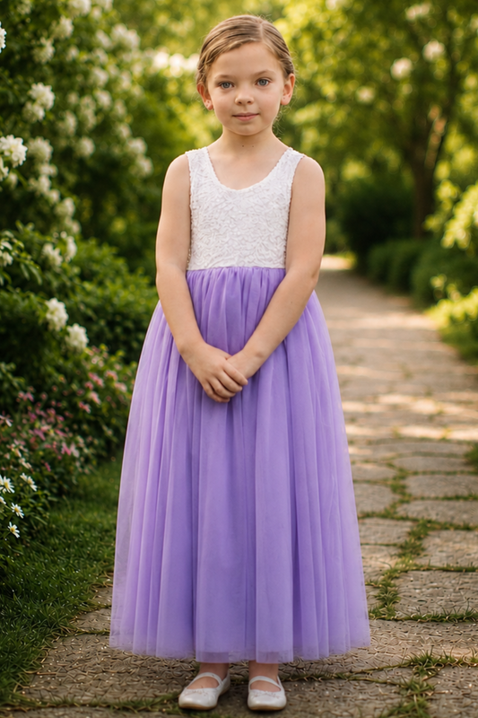 flower girl dress in lavender tulle with white lace sleeveless dress full length. 
