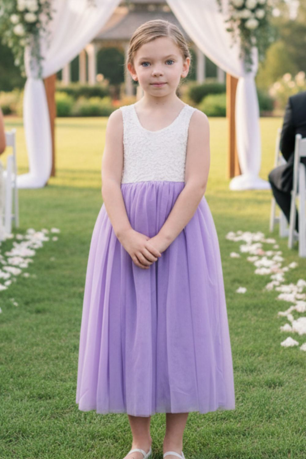 Lavender tulle flower girl dress with white sleeveless bodice