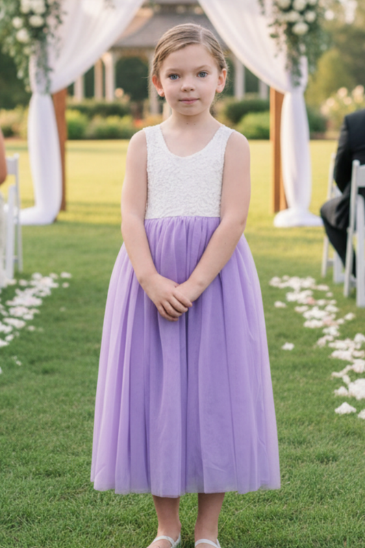 Lavender tulle flower girl dress with white sleeveless bodice