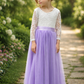 flower girl dress in lavender tulle with lace white long sleeves. 