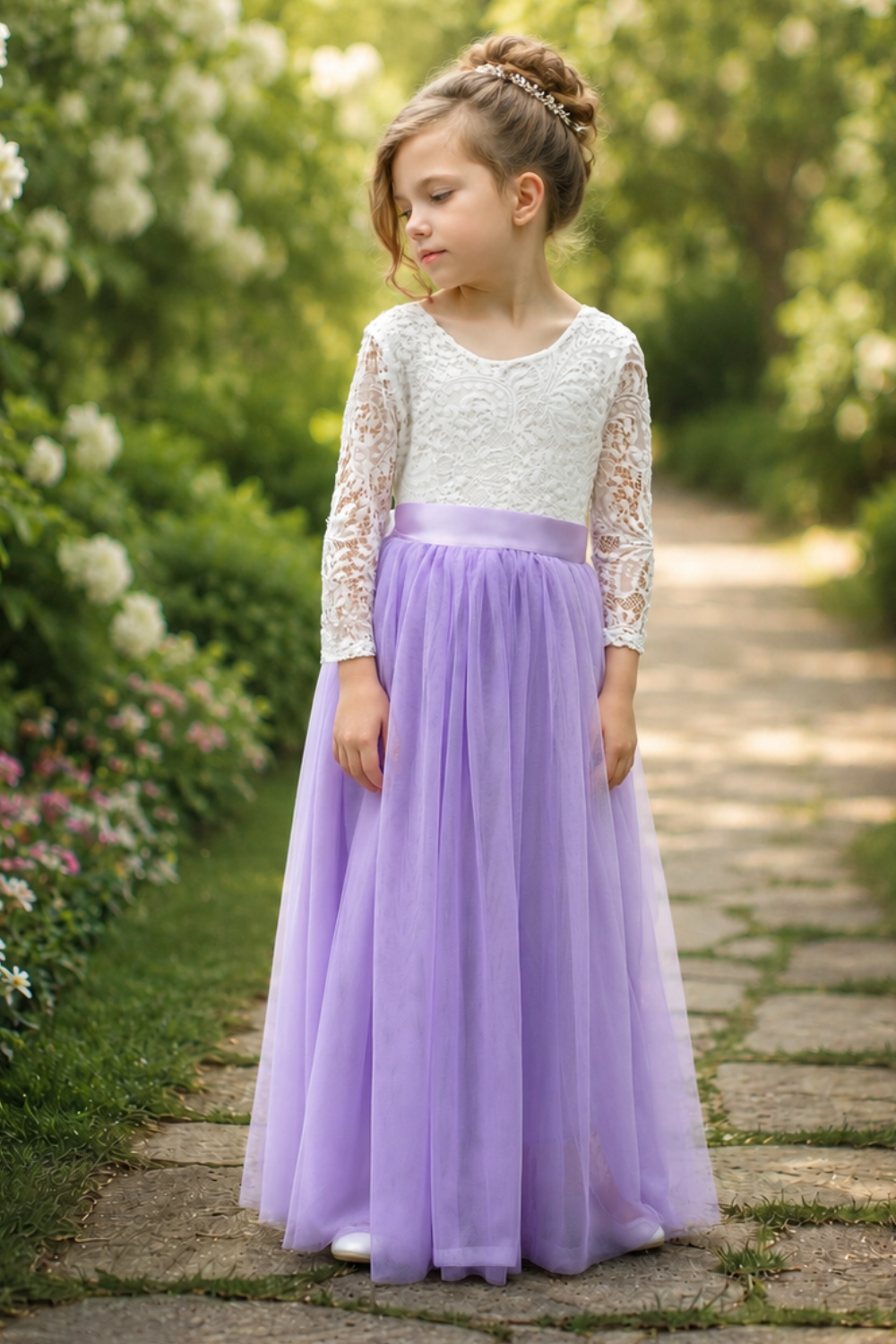 flower girl dress in lavender tulle with lace white long sleeves. 