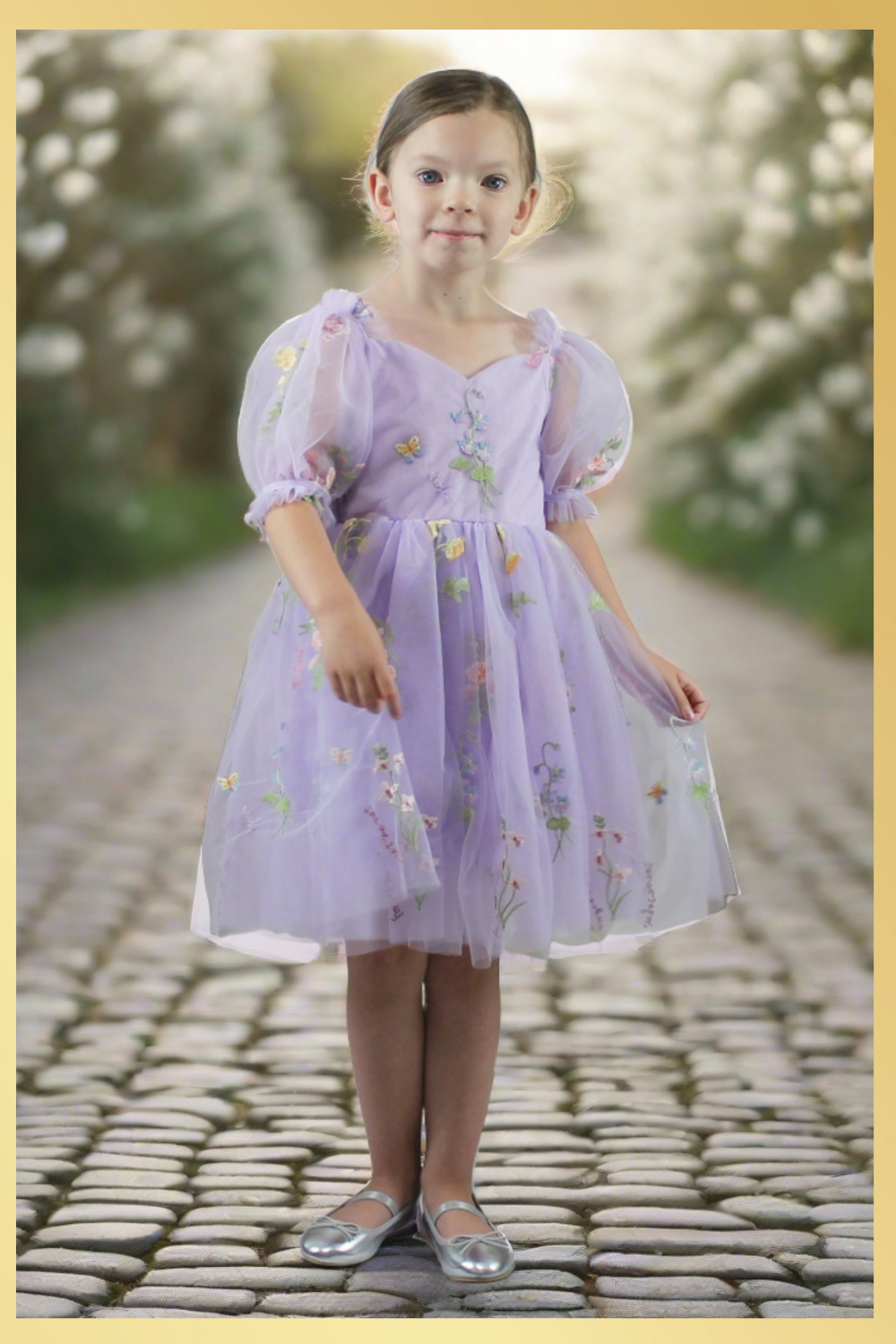 Lavender flower girl dress with floral embroidery wildflowers