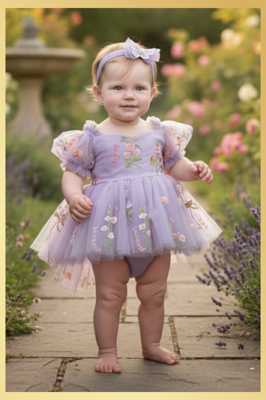First birthday baby girl dress in lavender floral tulle with built in romper/bodysuit and puffy  short sleeves.