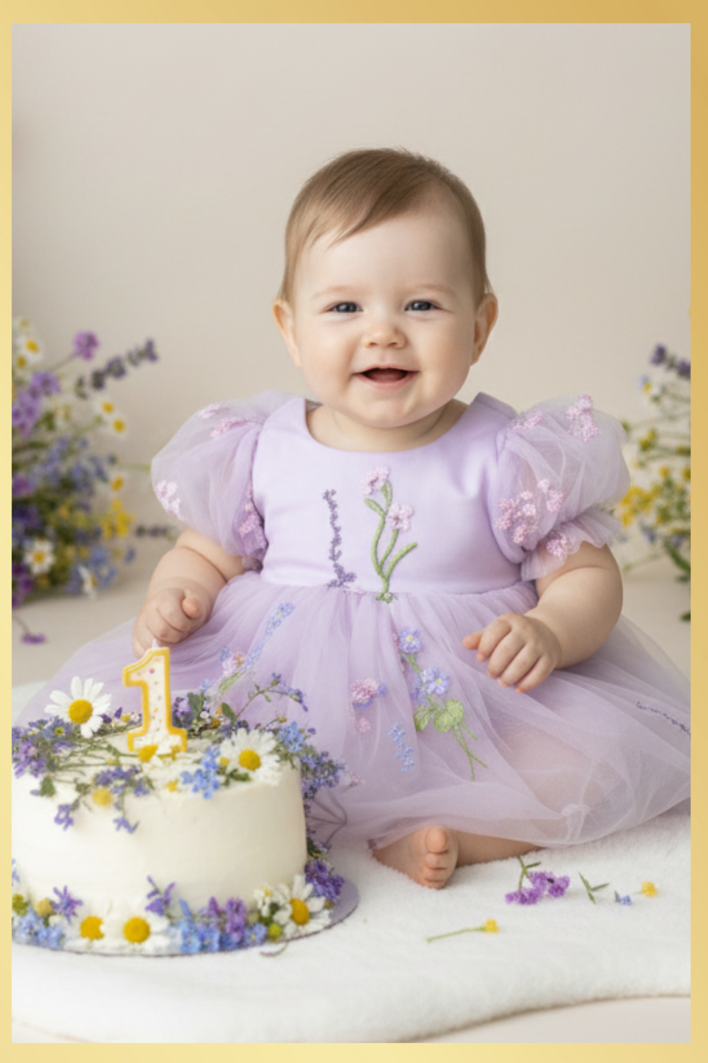 First birthday baby girl dress romper in a lavender floral embroidery tulle. 