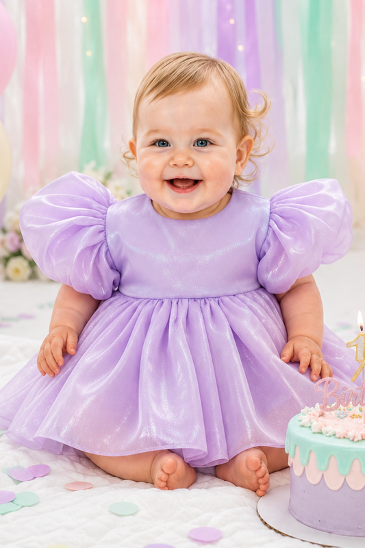 first birthday baby girl dress in lavender romper style. 