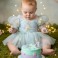 first birthday dress in embroidered floral light blue tulle romper style dress.  