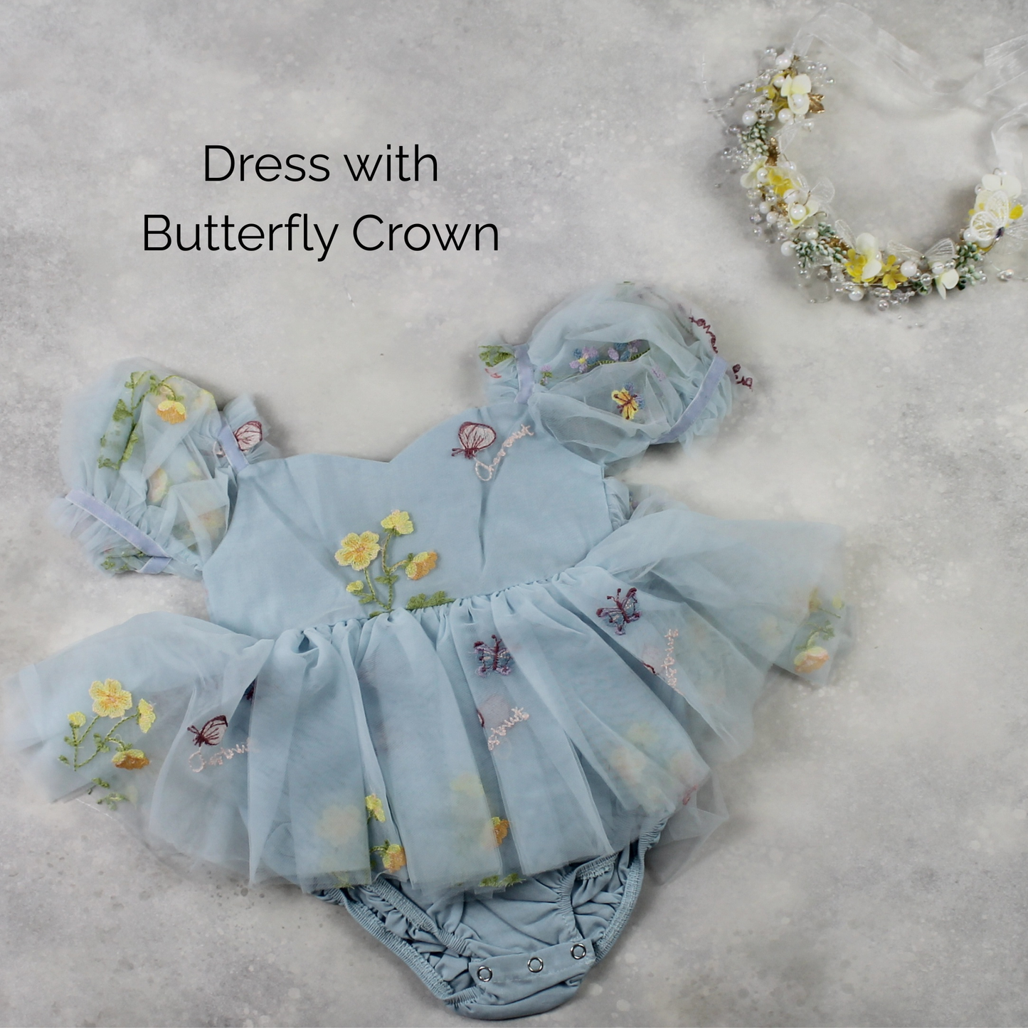 light blue floral romper with crown
