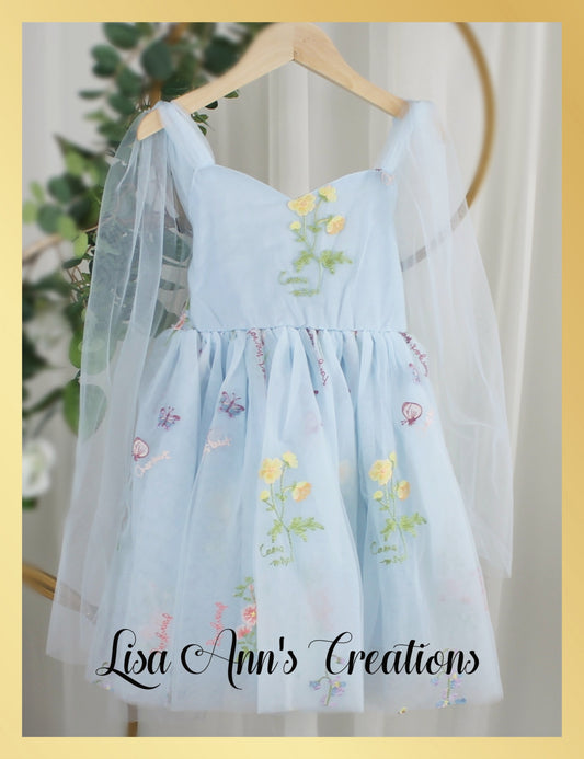 Light Blue Flower Girl Dress with floral embroidery and big bow