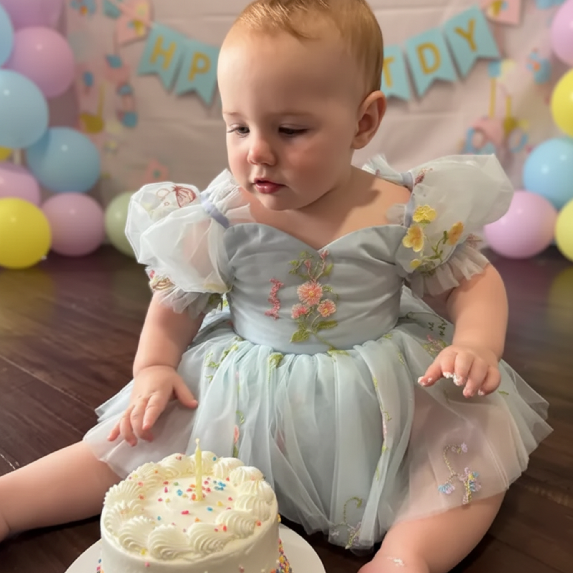 fairy first birthday in a floral light blue tulle romper
