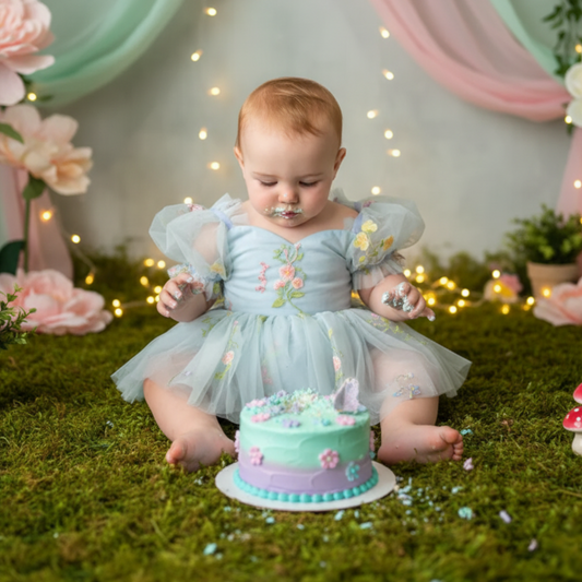 First birthday baby girl dress with romper.
The perfect baby girl dress in light blue floral with a floral embroidery design. With a built in bodysuit to complete the dress. 