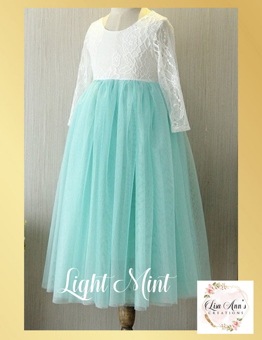 flower girl dress light mint green tulle with what lace long sleeves