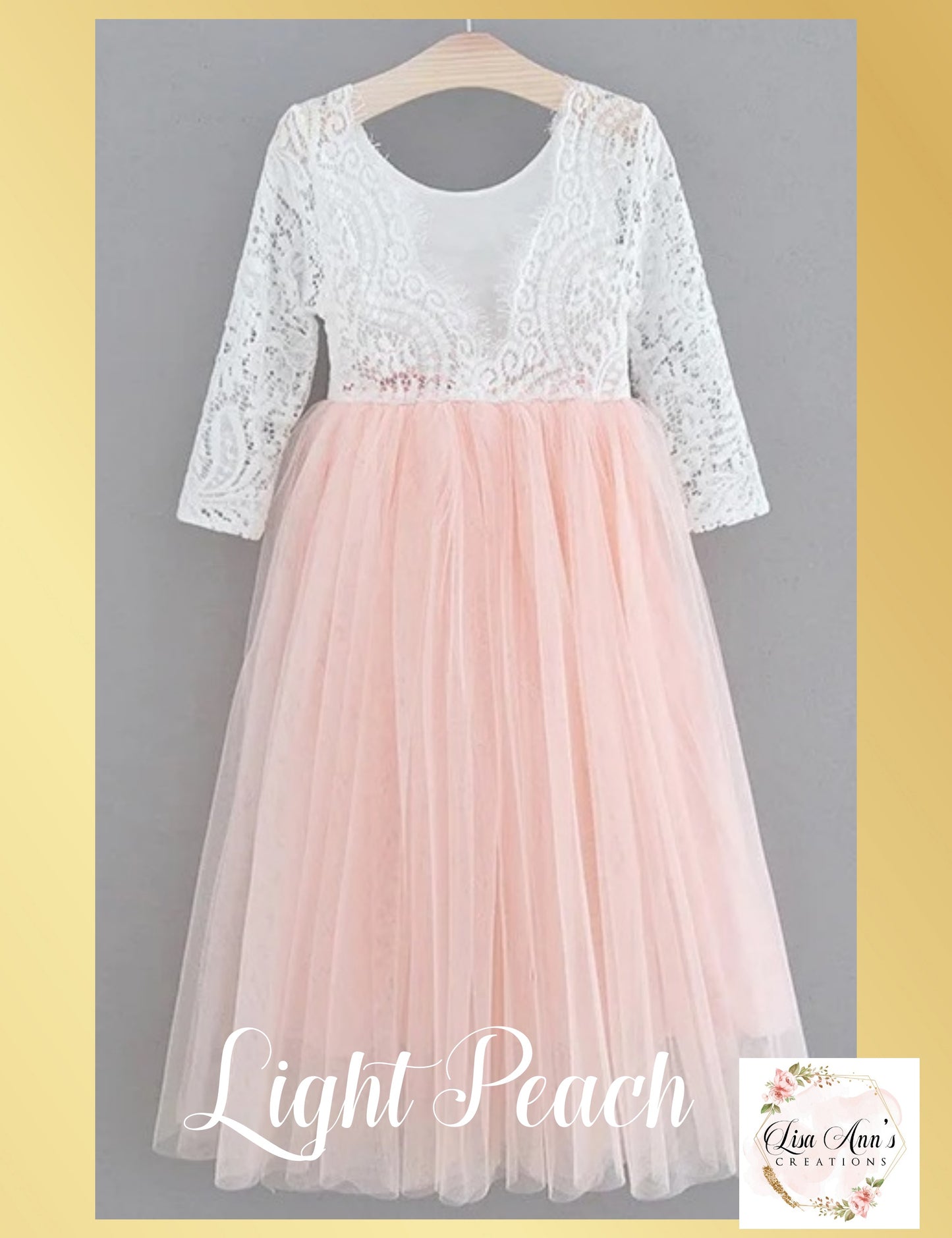 Flower Girl Dress light peach tulle with white lace long sleeves 