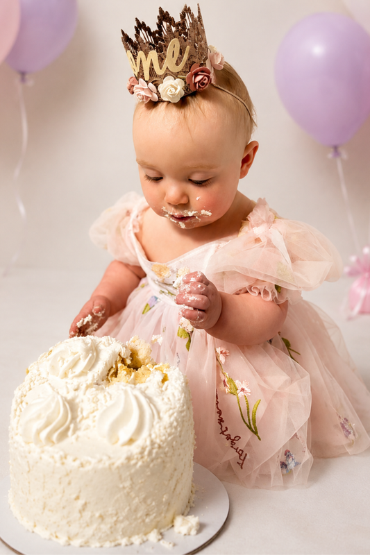Wildflower first birthday baby girl dress in light pink embroidered flowers. 