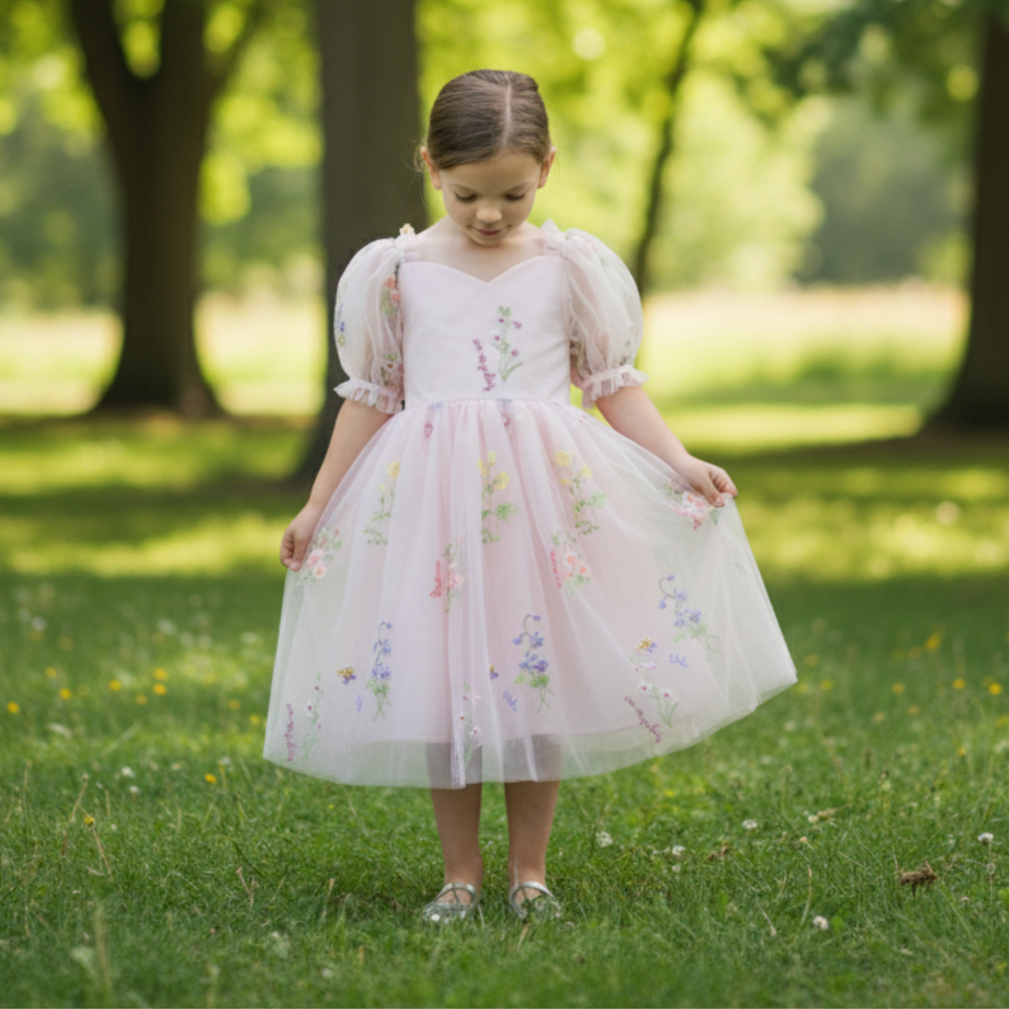 floral flower girl dress in light pink tulle. 