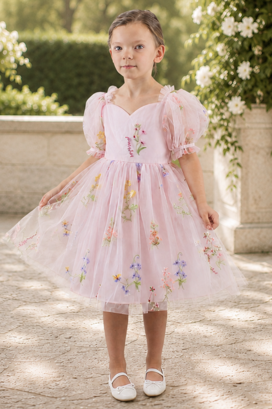 embroidered floral flower girl dress in light pink tulle with big puffy short sleeves and knee length style. 