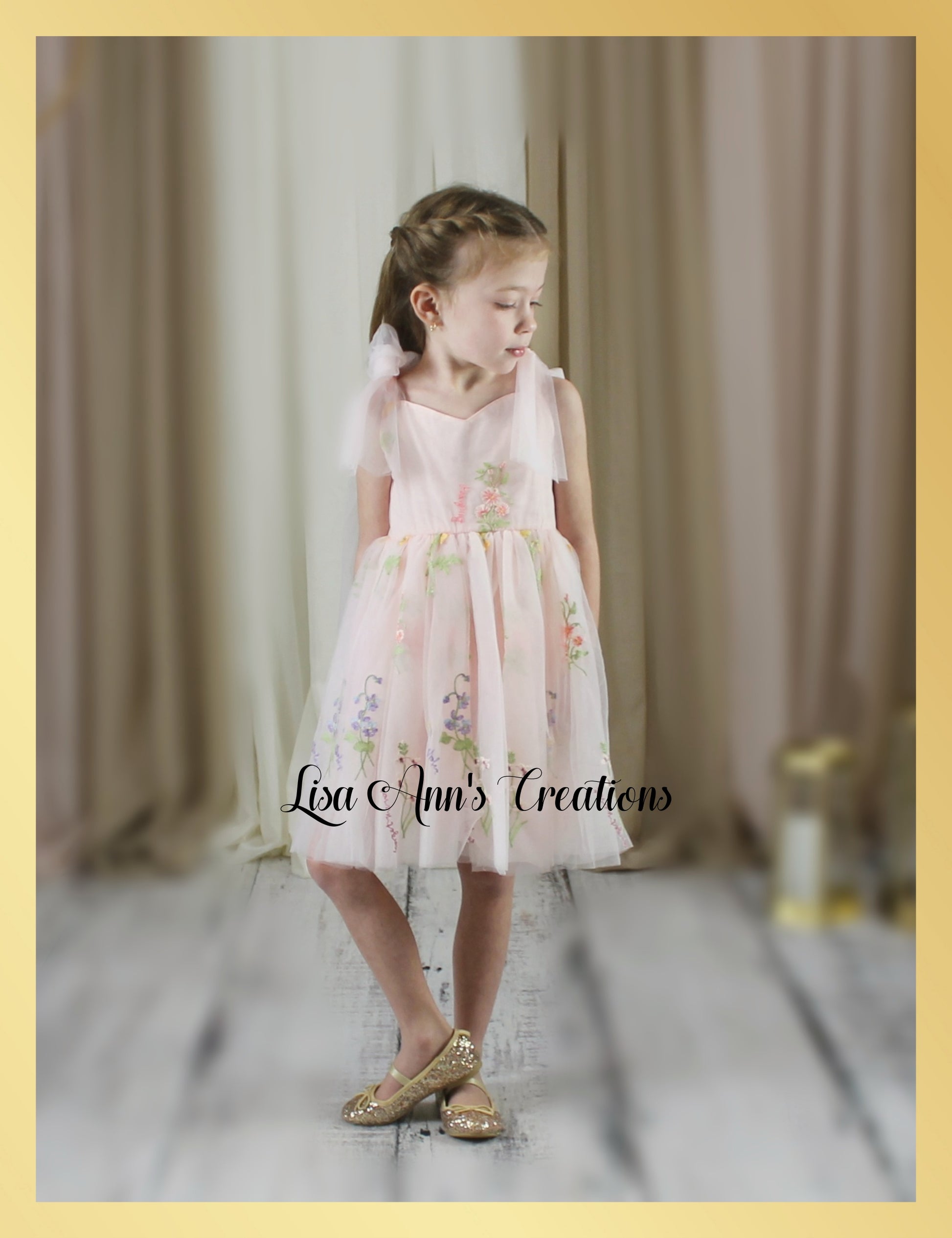 Pink Flower Girl Dress with embroidery flowers in tulle