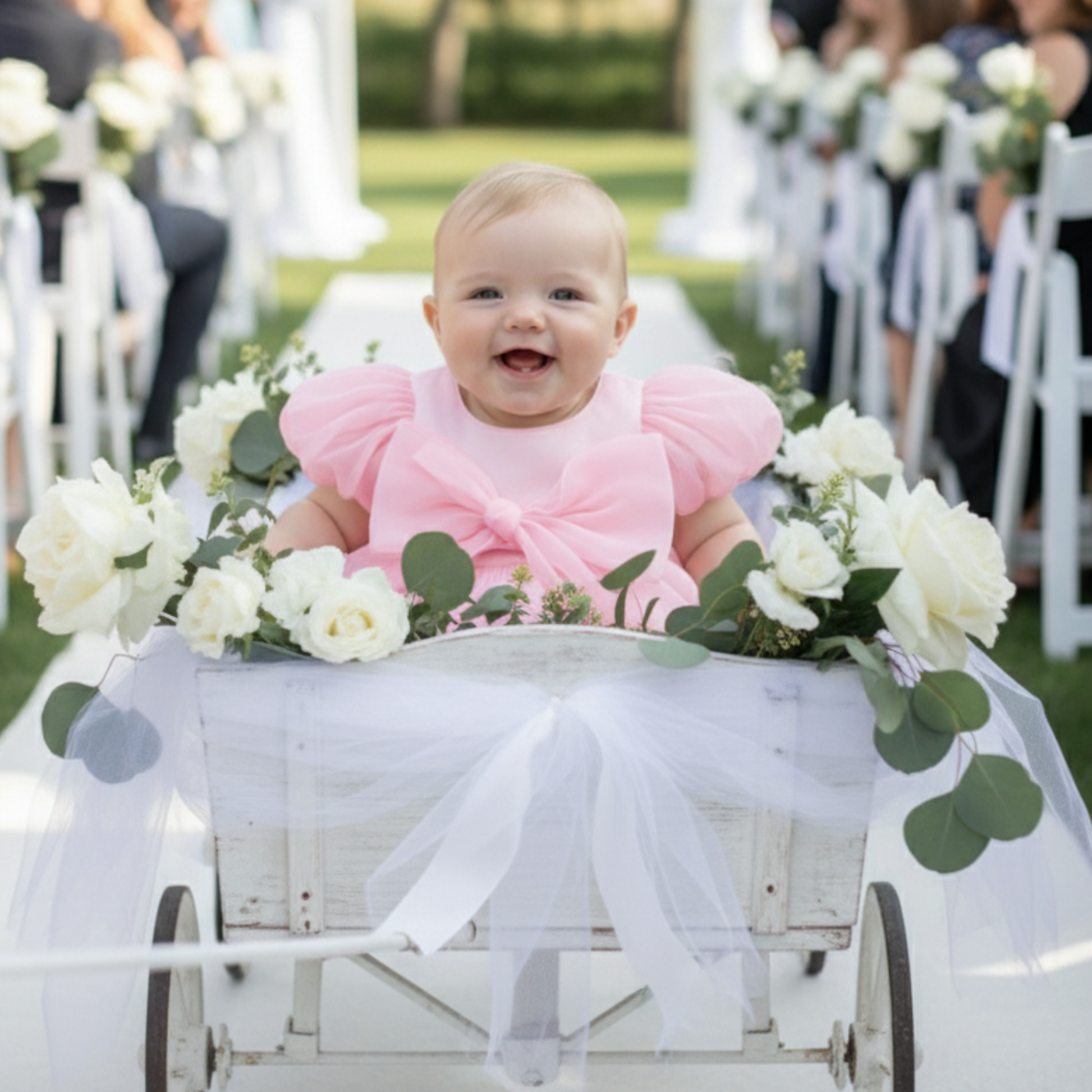 light pink baby girl dress with puffy sleeves and big bow for weddings, birthdays and special occasions. 