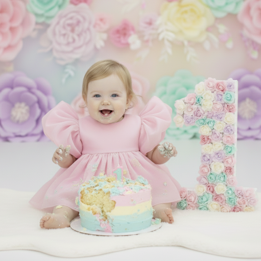 First Birthday light pink baby girl dress with puffy sleeves and big bow for birthdays and special occasions. 