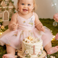 first birthday dress baby girl in embroidered light pink floral in a romper bodysuit style.  