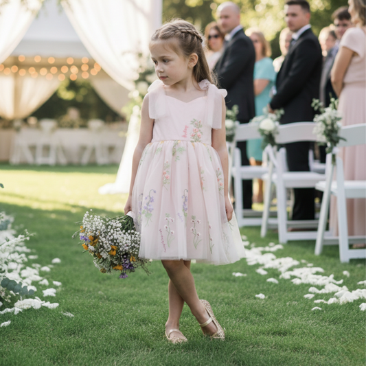 Pink Flower Girl Dress with embroidery flowers in tulle