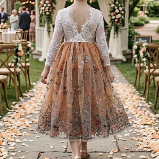 Burnt Orange Floral flower girl dress in long sleeve white lace with full length tulle bottom. 