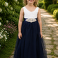 flower girl dress in navy tulle and white lace sleeveless style. 