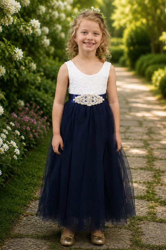 flower girl dress in navy tulle and white lace sleeveless style. 