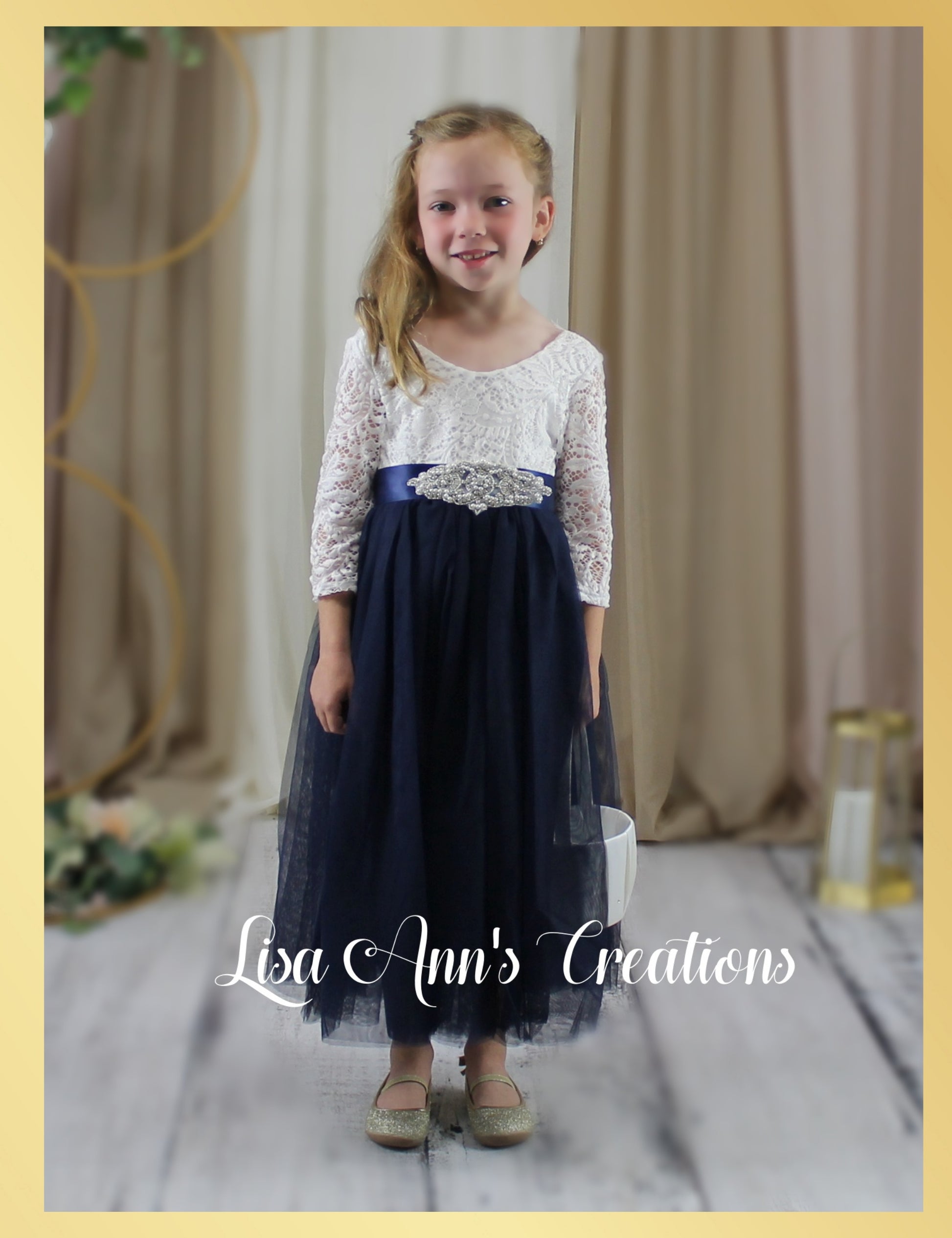 Flower Girl Dress Long Sleeve Navy Tulle Junior Bridesmaid Dress Lisa Ann's Creations Flower Girl Dress Long Sleeve Navy Tulle Junior Bridesmaid Dress Lisa Ann's Creations