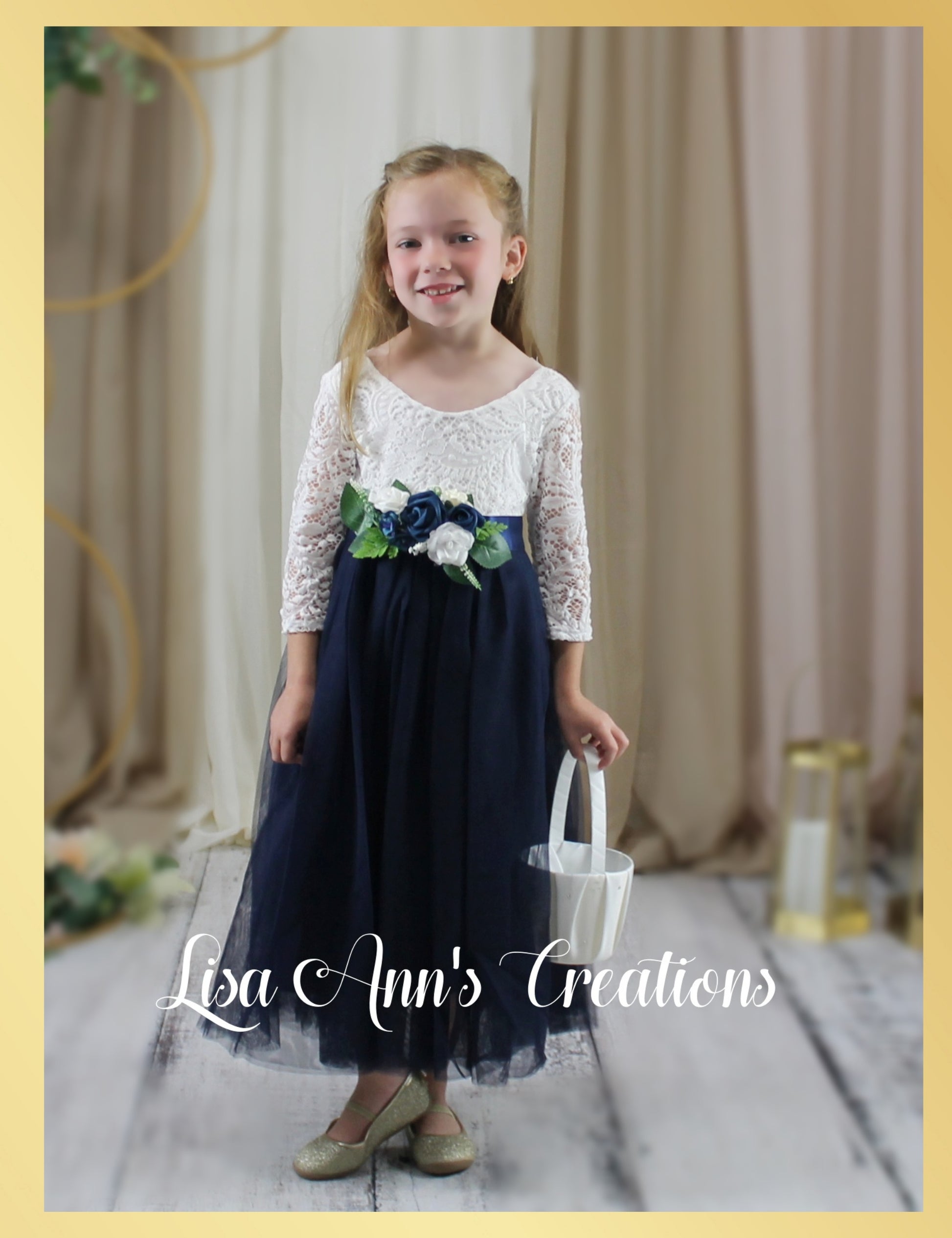 Flower Girl Dress Long Sleeve Navy Tulle Junior Bridesmaid Dress 5T/6T / Dress/Flower Jewel Sash Flower Girl Dress Long Sleeve Navy Tulle Junior Bridesmaid Dress 5T/6T / Dress/Flower Jewel Sash