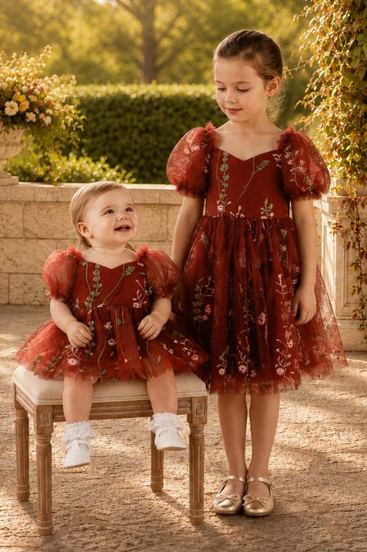 wildflower flower girl dress in a rust embroidered floral knee length dress with big puffy short sleeves. 