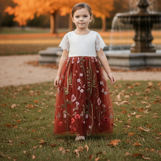 Fall flower girl dress in rust floral and lace short sleeves.