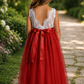 Fall flower girl dress in rust tulle with white lace sleeveless dress full length. 