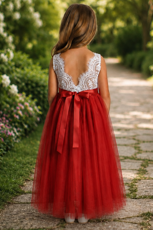 Fall flower girl dress in rust tulle with white lace sleeveless dress full length. 