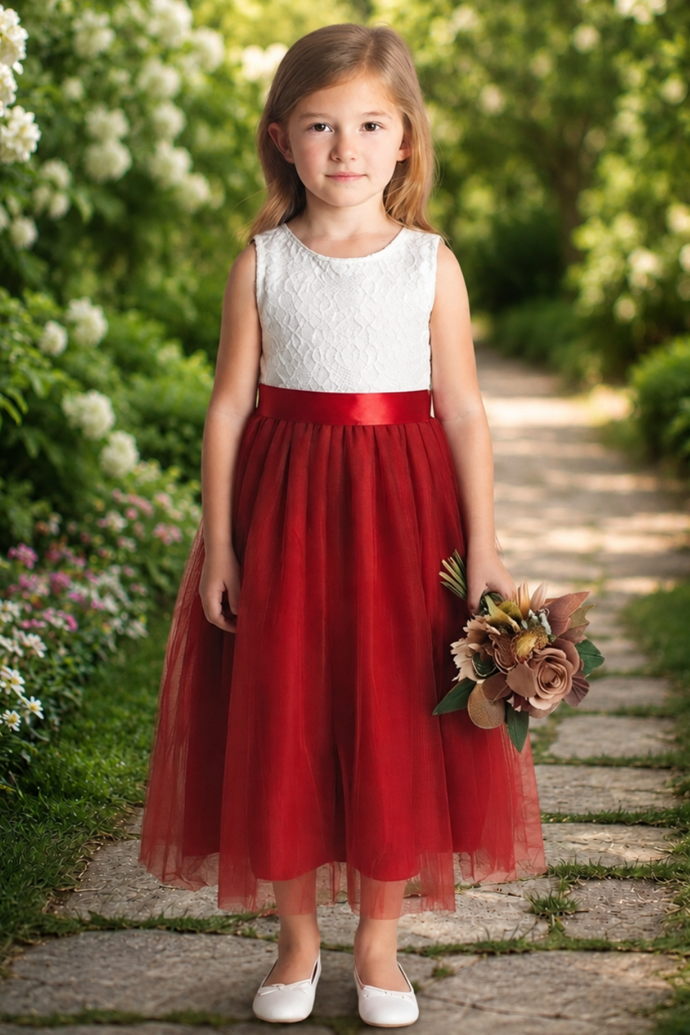 Fall flower girl dress in rust tulle with white lace sleeveless dress full length. 