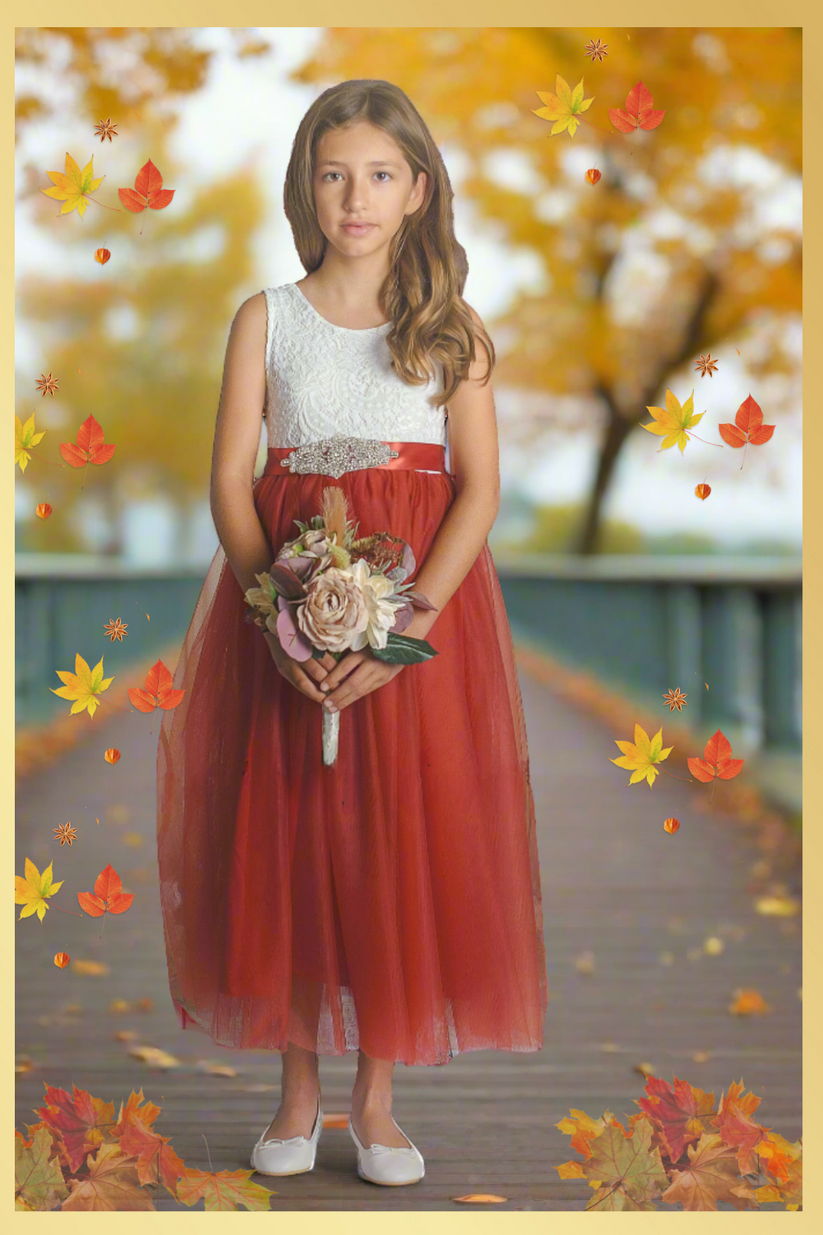 A-Line Satin Pleated Flower Girl Dress Rust