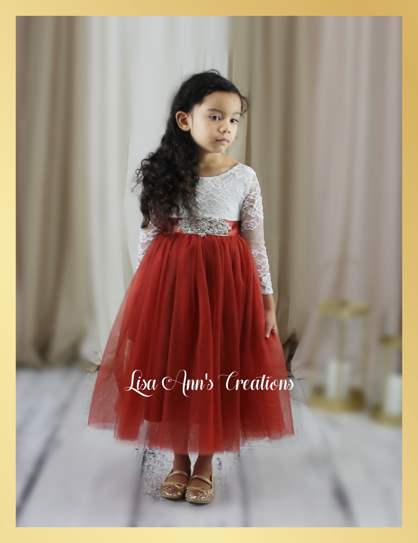 Flower girl dress in rust tulle with white lace long sleeves for rustic wedding
