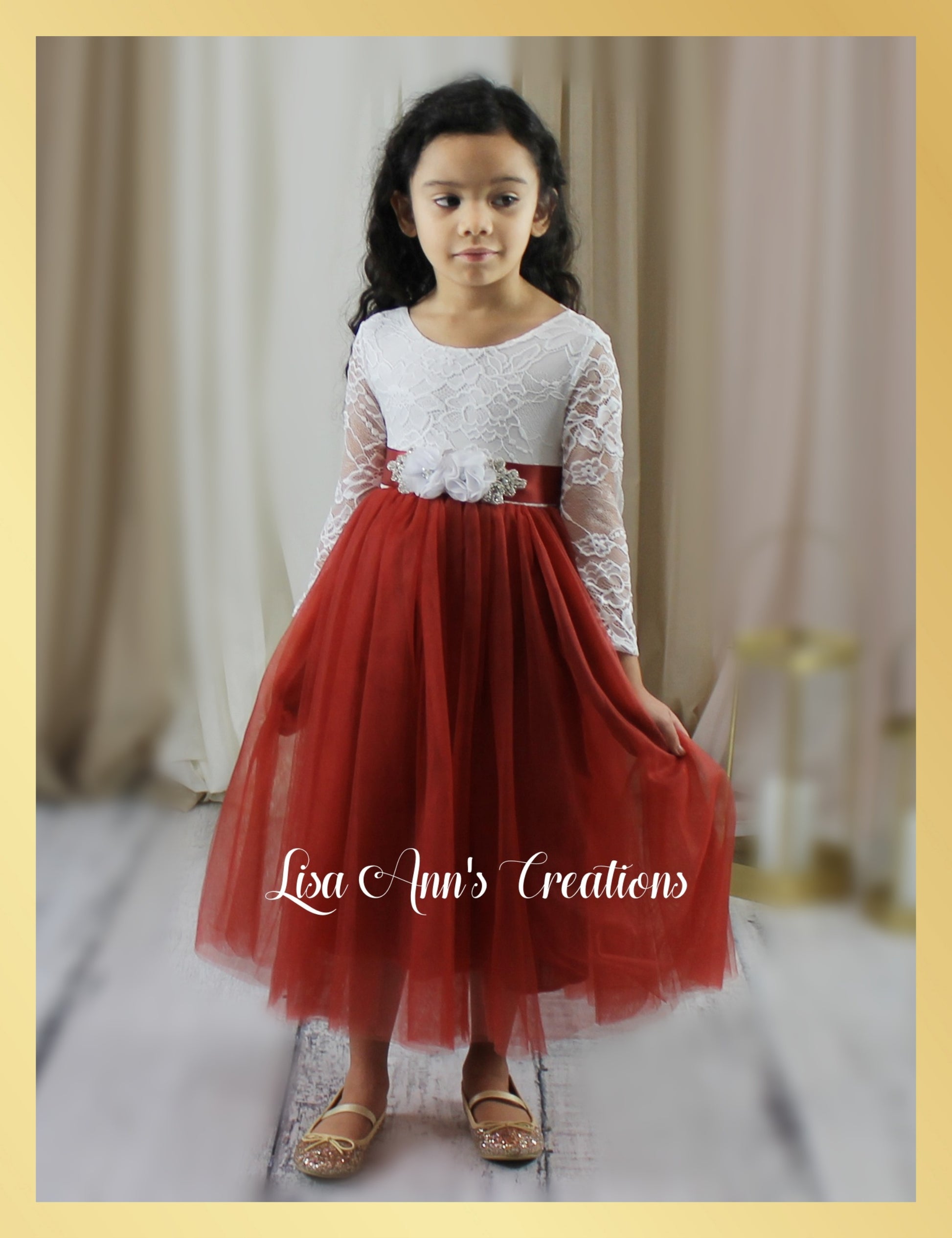 rust flower girl dress tulle and lace for weddiing or special occasion