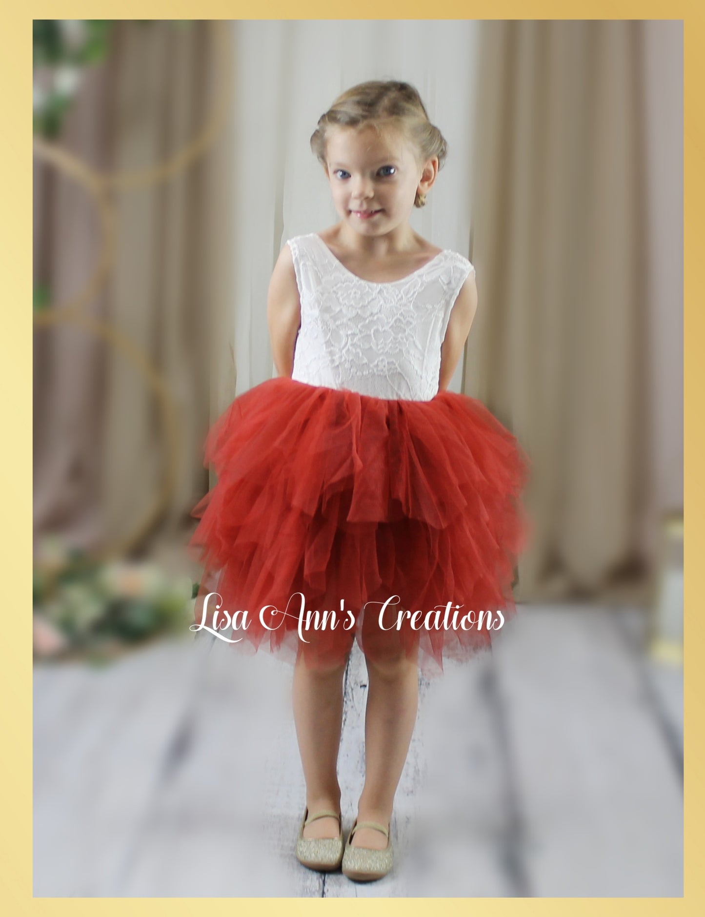 Flower Girl Dress in Rust Tulle and sleeveless white lace bodice