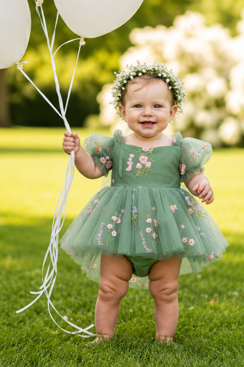 Wildflower first birthday baby girl dress in sage green embroidered flowers. 